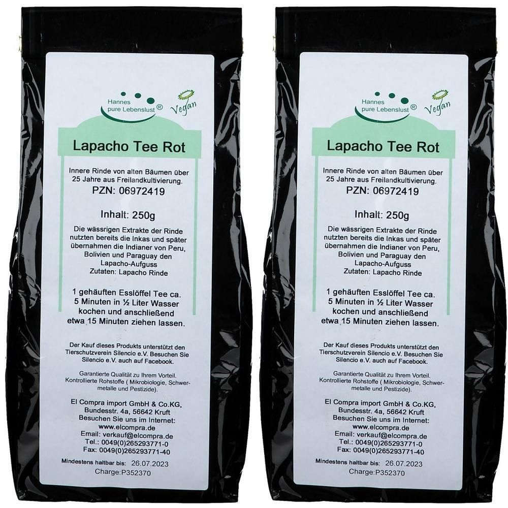 Zwei schwarze Beutel mit weißem Etikett. Aufschrift: Lapacho Tee Rot, Inhalt 250g, Vegan-Siegel. Text in deutscher Sprache.