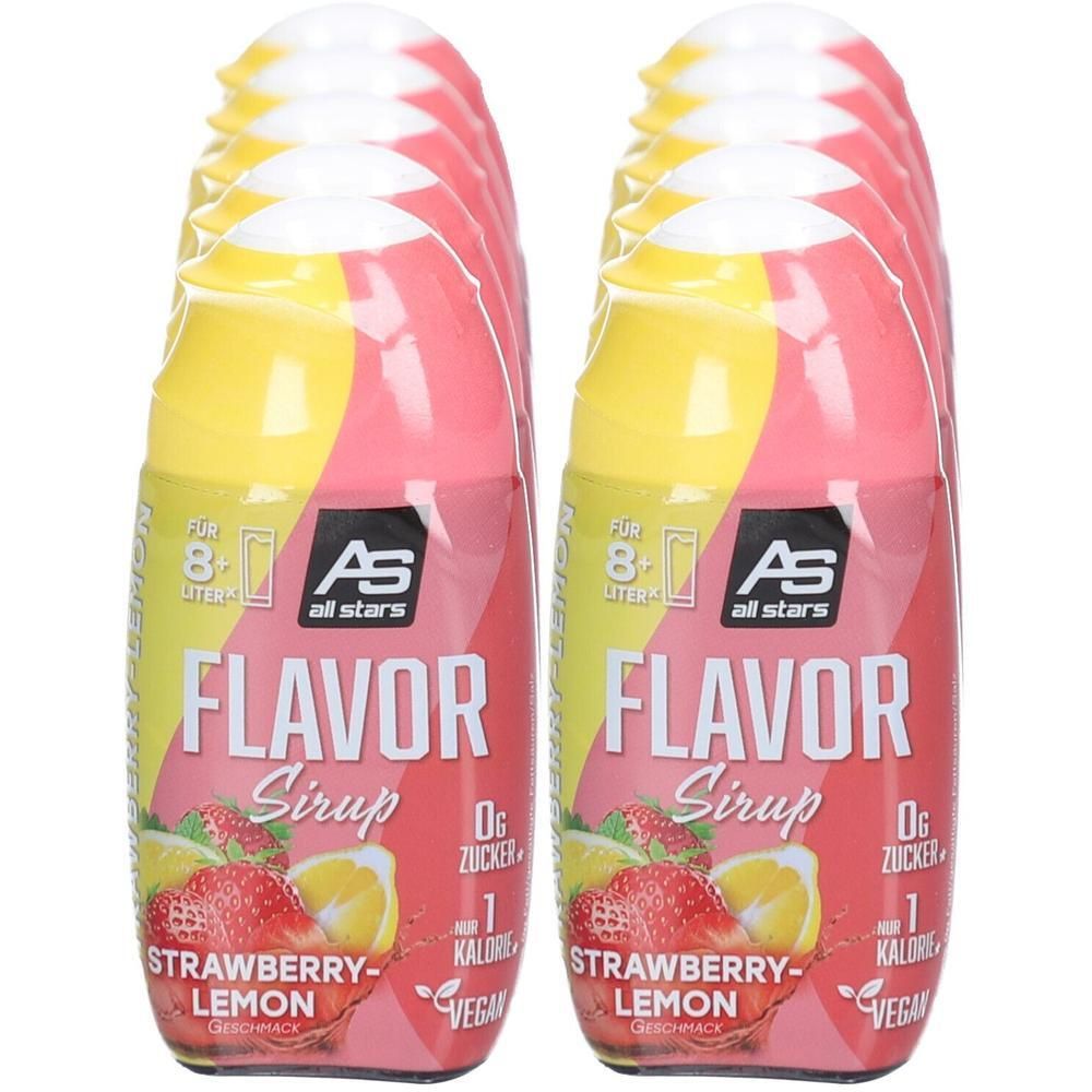 Zwei Reihen Flaschen mit gelben und rosa Etiketten. Aufschrift: Flavor Sirup Strawberry-Lemon, 0g Zucker, 1 Kalorie, Vegan. Marke: All Stars.
