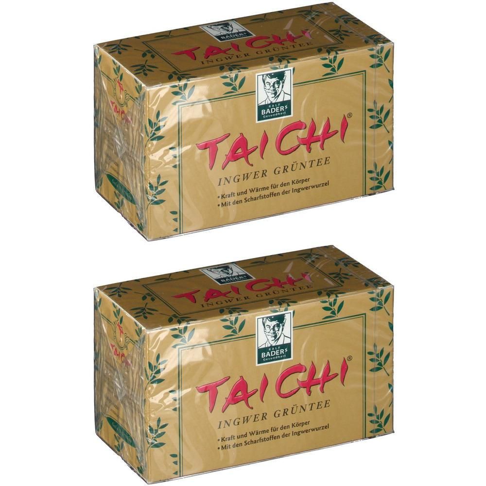 Zwei Packungen Tee. Goldfarbene Kartons mit roter Schrift und dem Wort "TAI CHI". Klarer Kunststoff umhüllt die Packungen.