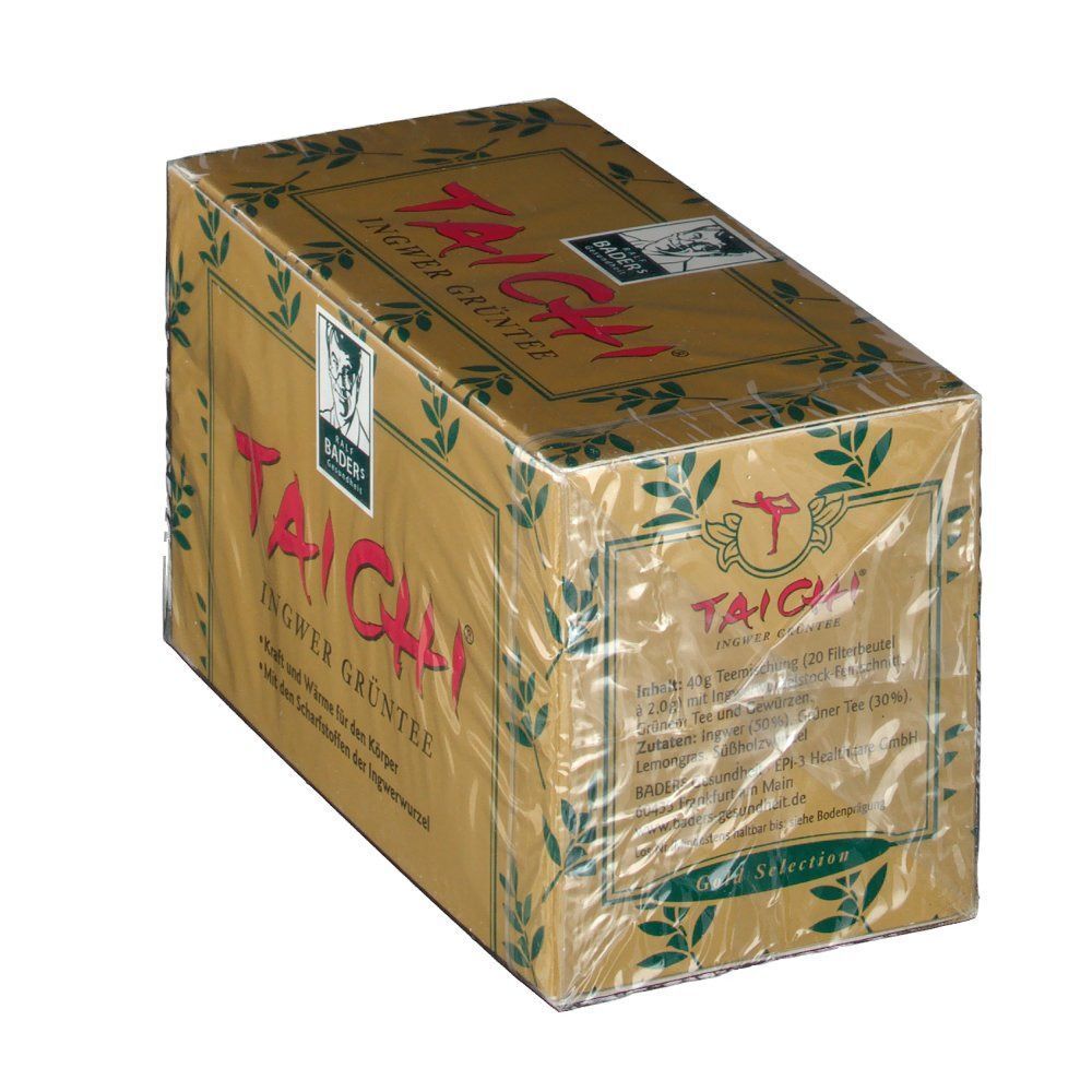 Goldfarbene Teebox mit roter Schrift "TAI CHI". Klarer Kunststoff umhüllt die Box. Logo und Text auf der Verpackung.
