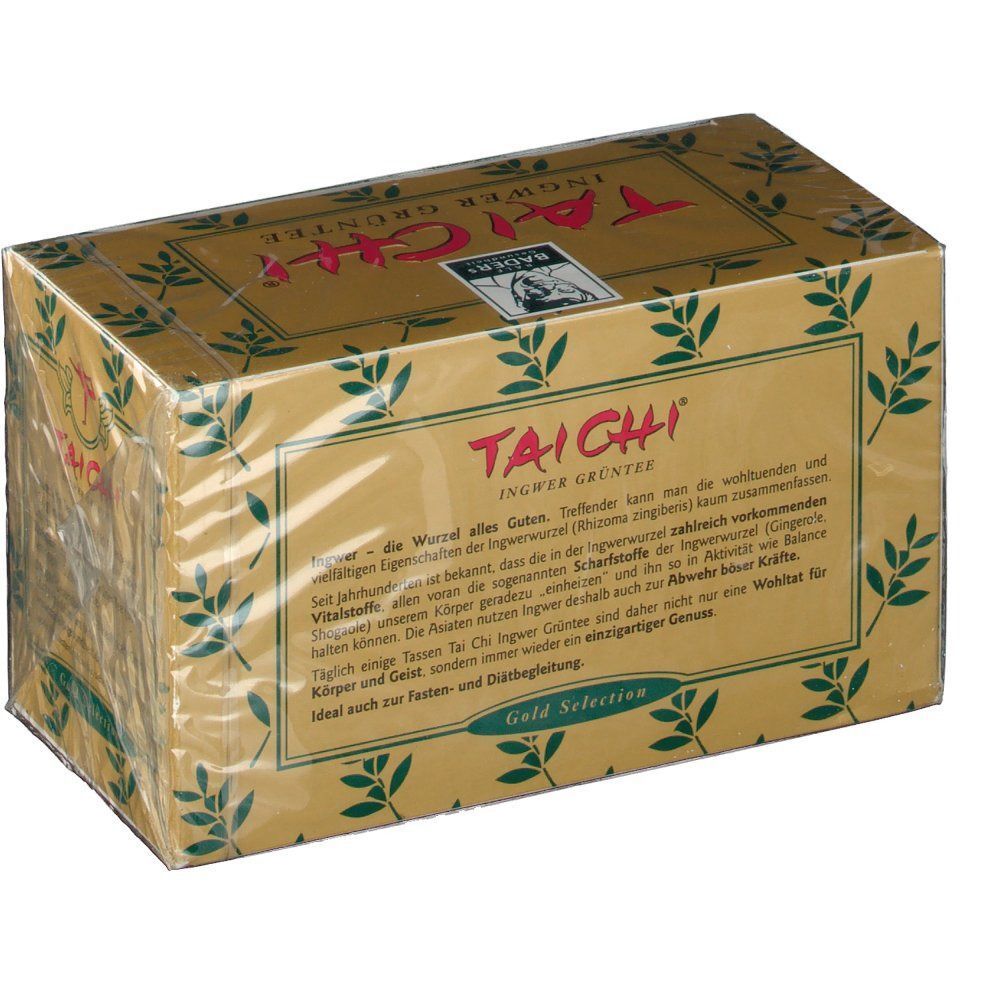 Goldfarbene Teebox mit roter Schrift "TAI CHI". Klarer Kunststoff umhüllt die Box. Text und Logo auf der Verpackung.
