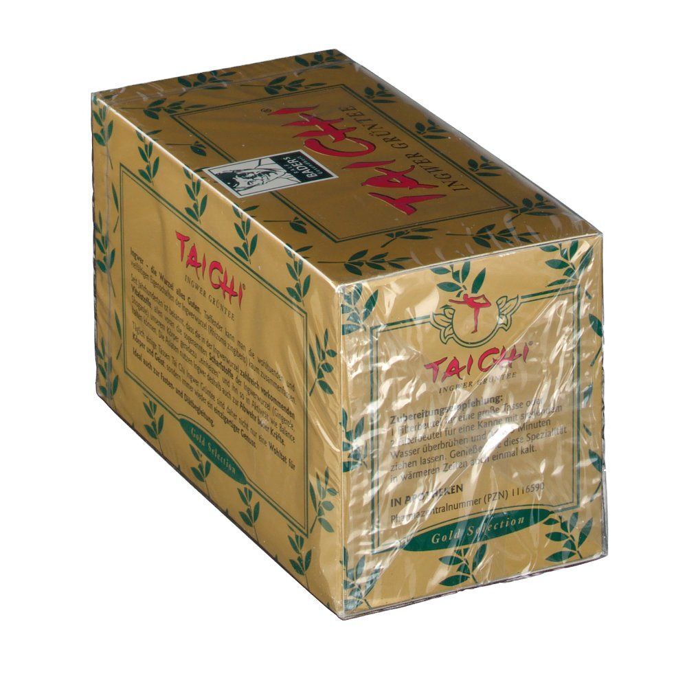 Goldfarbene Teebox mit roter Schrift "TAI CHI". Klarer Kunststoff umhüllt die Box. Text und Logo auf der Verpackung.