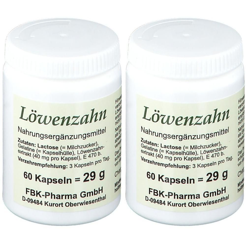 Zwei weiße Dosen mit Schraubverschluss. Aufschrift: Löwenzahn Nahrungsergänzungsmittel. 60 Kapseln = 29 g. FBK-Pharma GmbH.