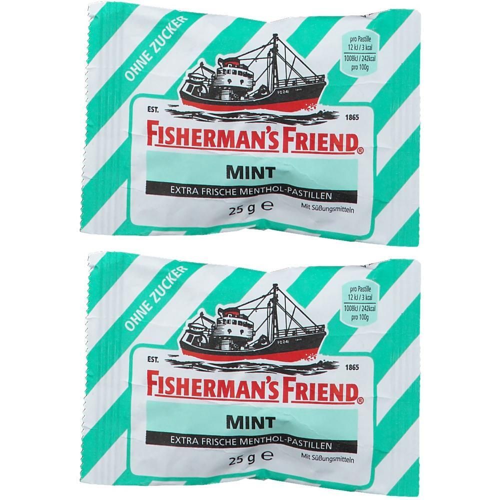 Zwei Packungen Fisherman's Friend Mint Pastillen. Weiße und grüne Verpackung mit Logo und Schriftzug. Ohne Zucker, 25g.