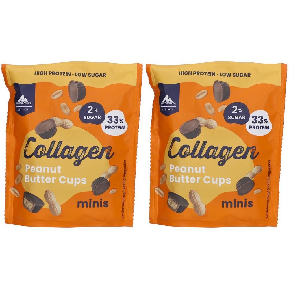 Zwei orangefarbene Beutel mit „Collagen Peanut Butter Cups minis“. Text: High Protein - Low Sugar, 2% Zucker, 33% Protein.