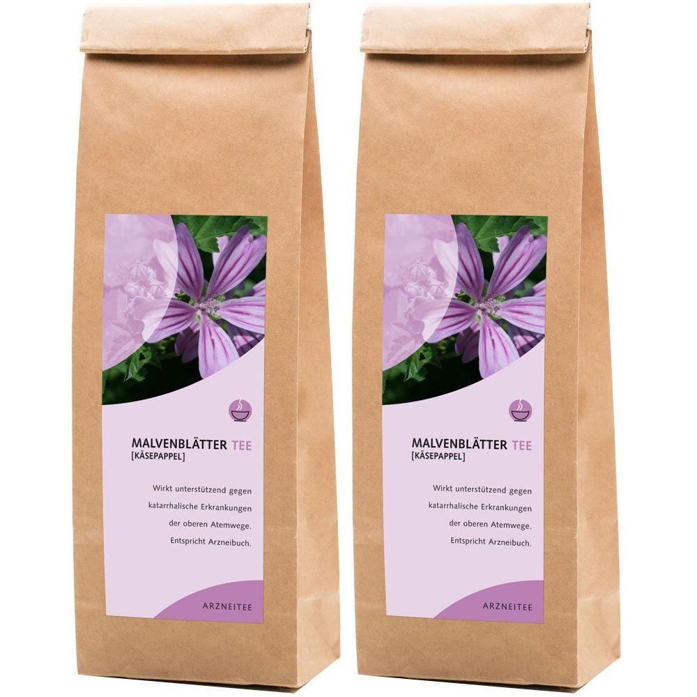 Zwei braune Papiertüten Malvenblätter Tee mit lila Etikett und Bild einer Malvenblüte.