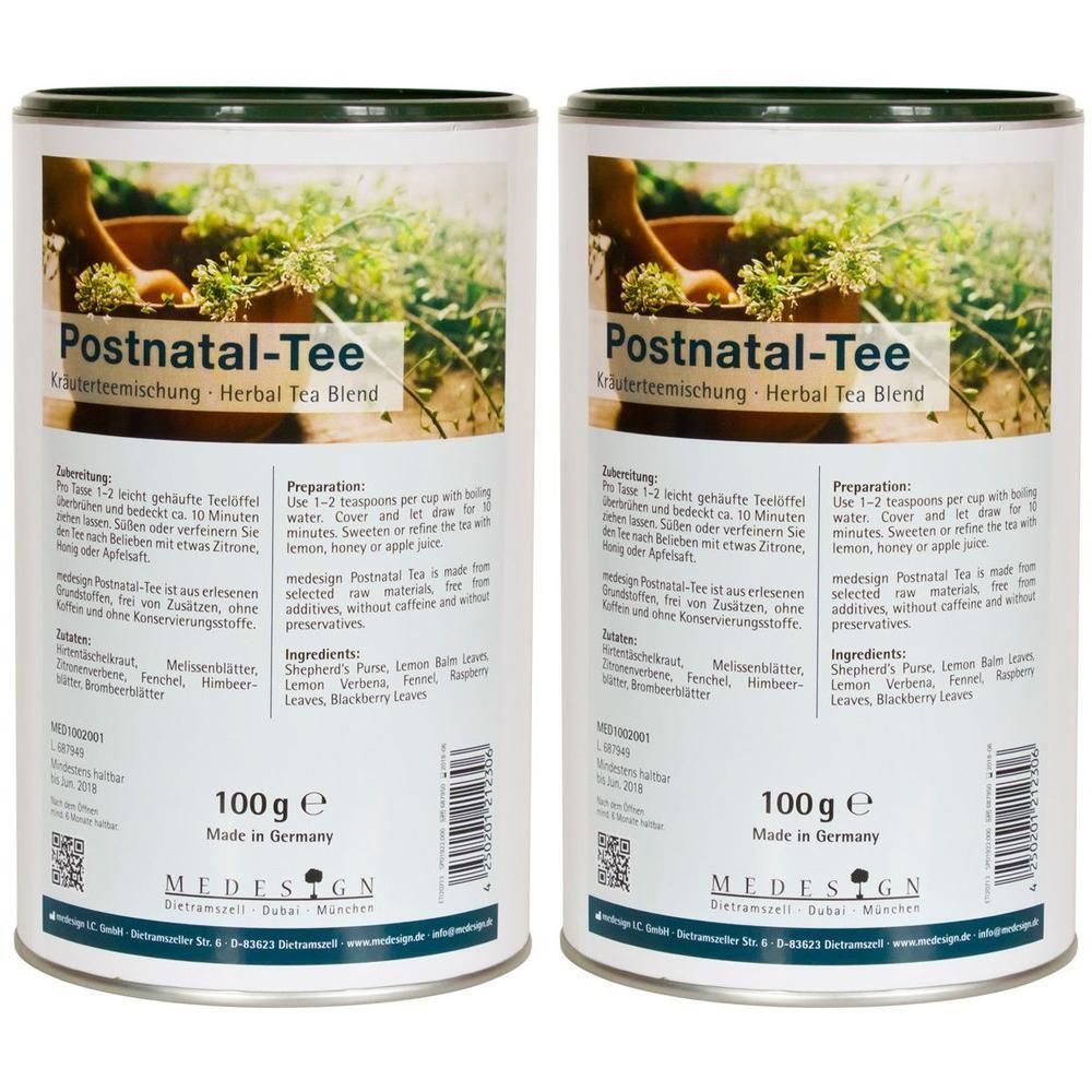 Zwei Dosen Postnatal-Tee. Aufschrift: Kräutermischung, Herbal Tea Blend. 100g. Hergestellt in Deutschland. Marke: MEDESIGN.