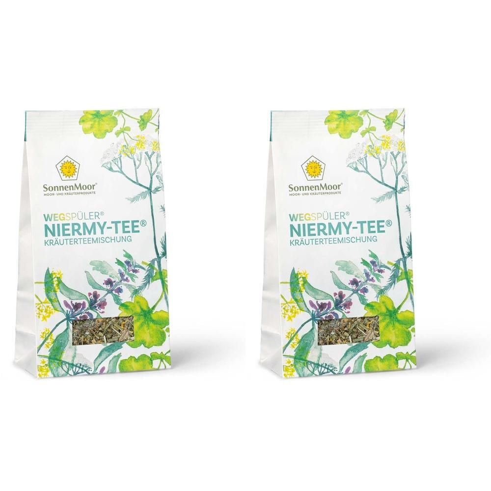 Zwei Packungen SonnenMoor® WEGSPÜLER NIERMY-TEE® Kräuterteemischung mit Kräutern und Blüten.