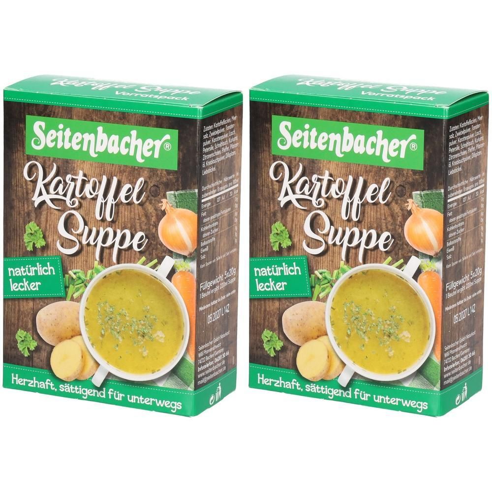 Zwei Kartoffel Suppe Packungen. Aufschrift: Seitenbacher Kartoffel Suppe, natürlich lecker. Abbildung von Suppe, Kartoffeln und Zwiebeln.
