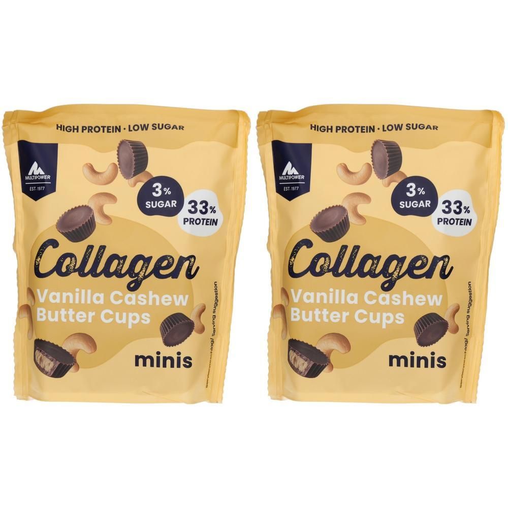 Zwei Beutel mit Collagen Vanilla Cashew Butter Cups. Aufschrift: High Protein, Low Sugar, 3% Zucker, 33% Protein.