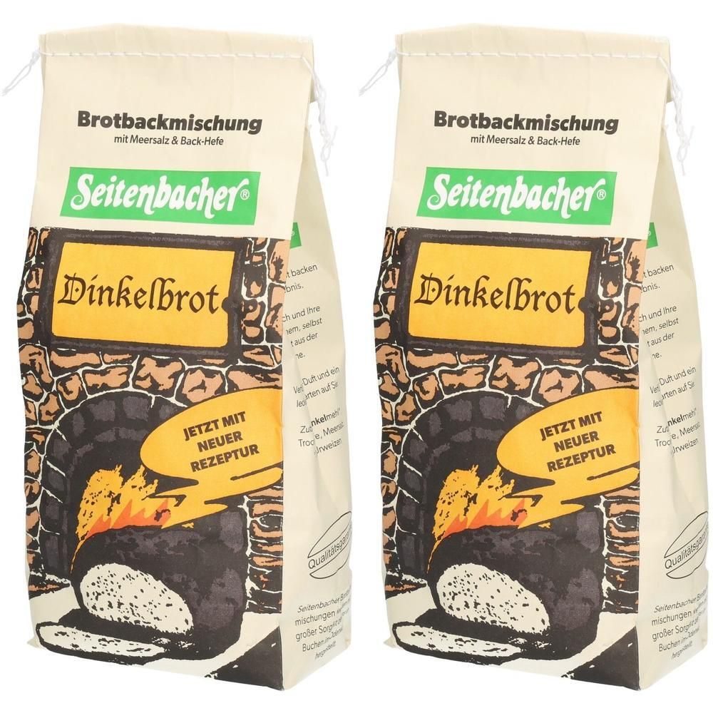Zwei Beutel Seitenbacher Dinkelbrot Brotbackmischung. Aufschrift: Dinkelbrot, Brotbackmischung, Jetzt mit neuer Rezeptur.