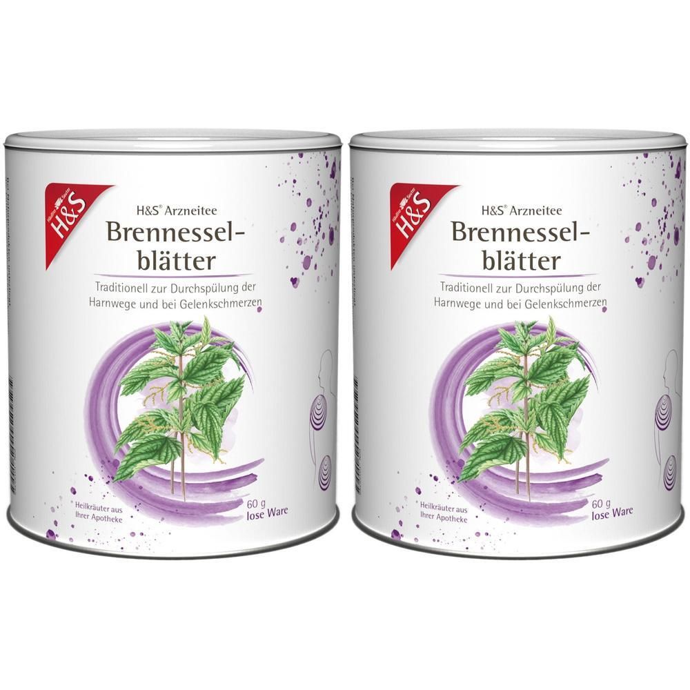 Zwei Dosen H&S Brennesselblätter loser Tee mit Kräuterdarstellung und lila Spritzern.