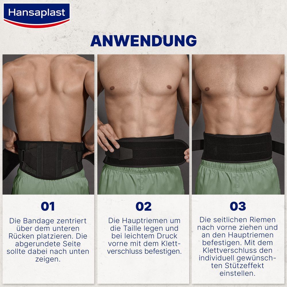 Drei Schritte zur Anwendung der Rückenbandage. 1. Platzieren. 2. Befestigen. 3. Einstellen.