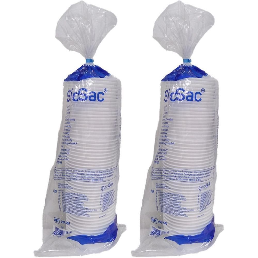 Zwei Beutel mit weißen Sicsac® Spuckbeuteln. Jeder Beutel enthält eine hohe Anzahl an Beuteln, verpackt in durchsichtiger Folie.