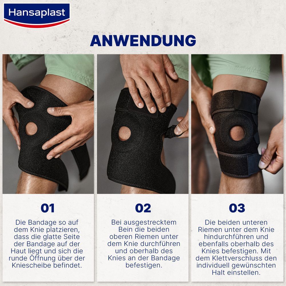 Drei Schritte zur Anwendung der Kniebandage. Text: 01, 02, 03. Anweisungen zur Platzierung und Befestigung.