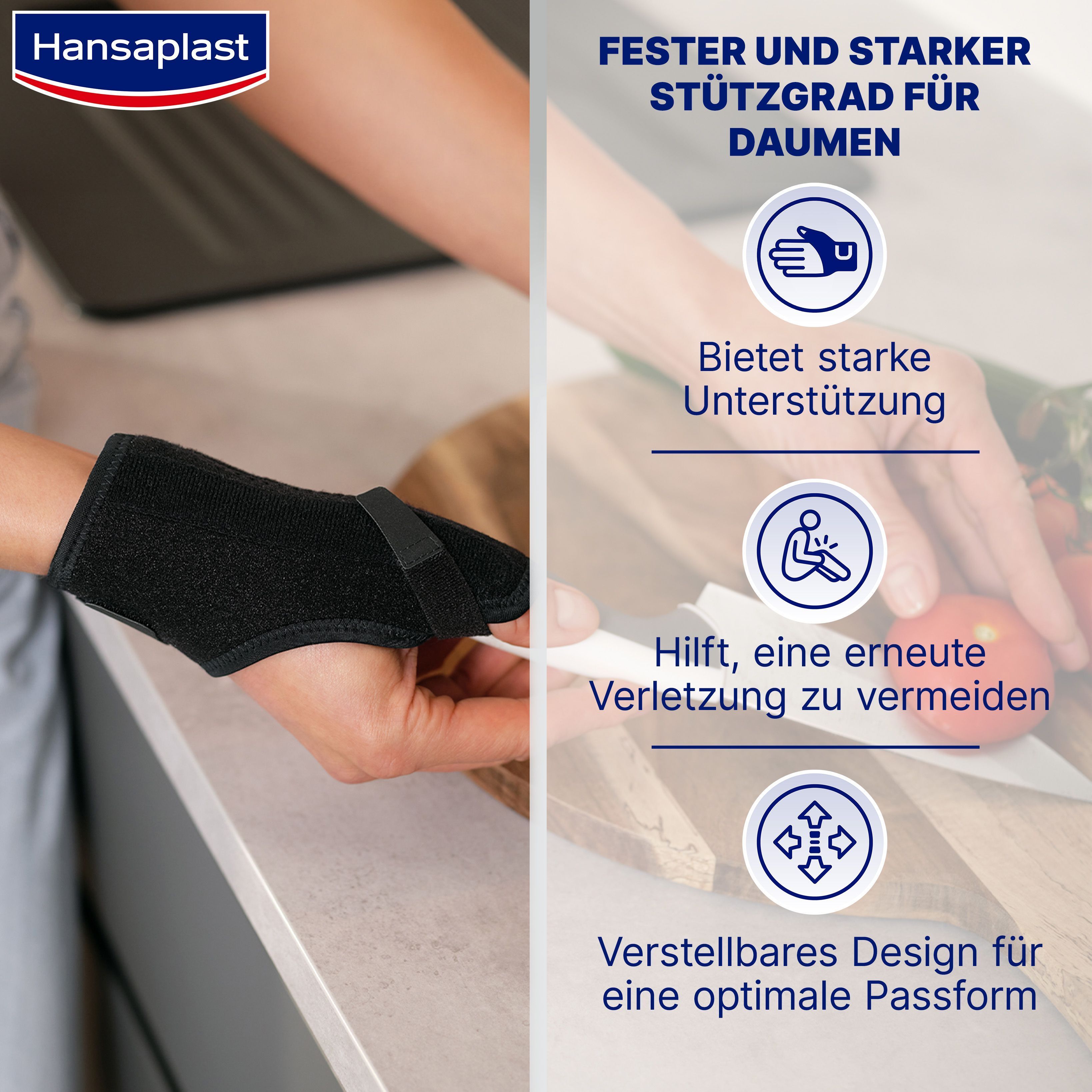 Schwarze Daumenbandage am Handgelenk. Text: Fester und starker Stützgrad für Daumen. Bietet starke Unterstützung. Hilft, eine erneute Verletzung zu vermeiden. Verstellbares Design.