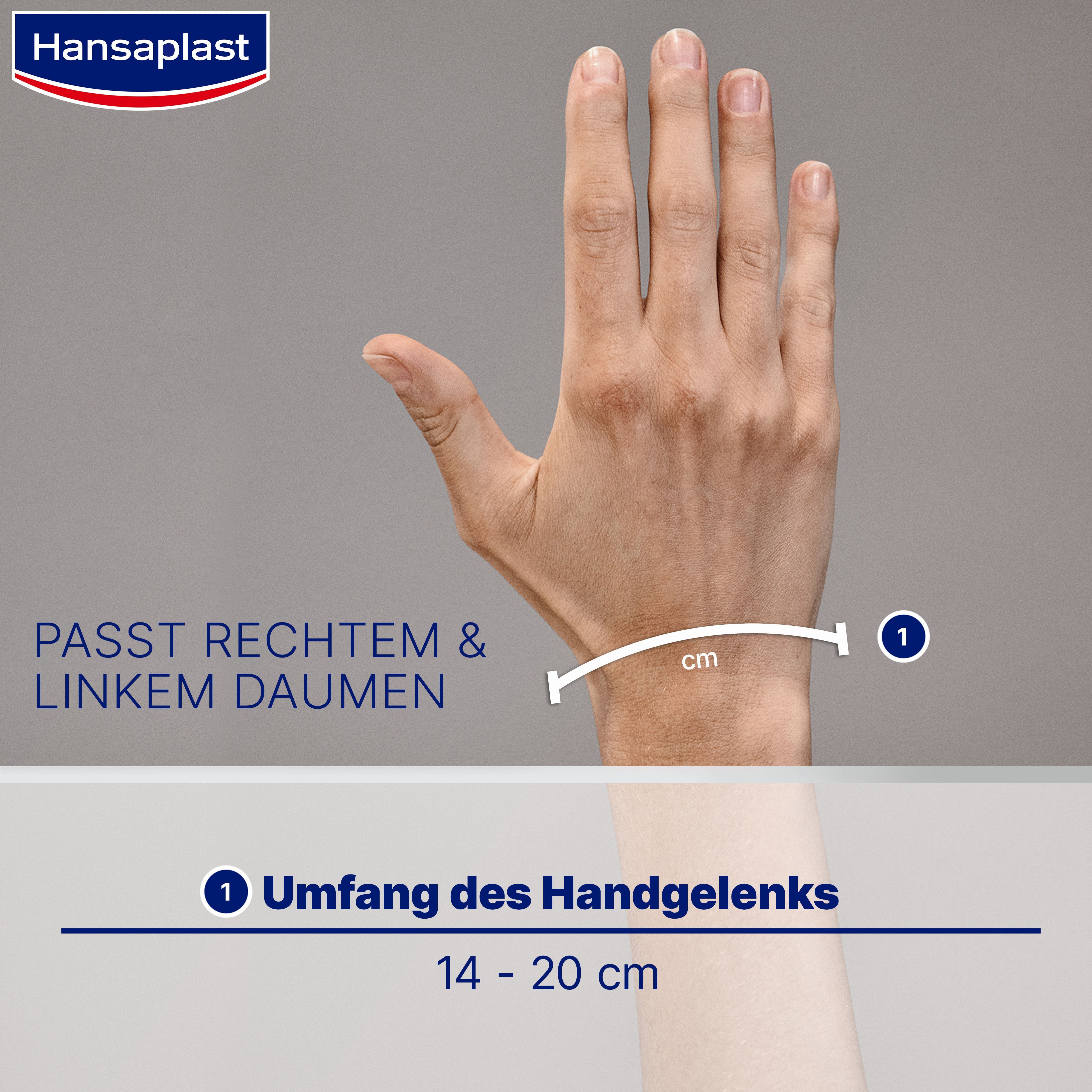 Hand mit Daumen. Messung des Handgelenkumfangs mit cm-Angabe. Text: Passt rechtem & linkem Daumen. Umfang des Handgelenks: 14 - 20 cm.