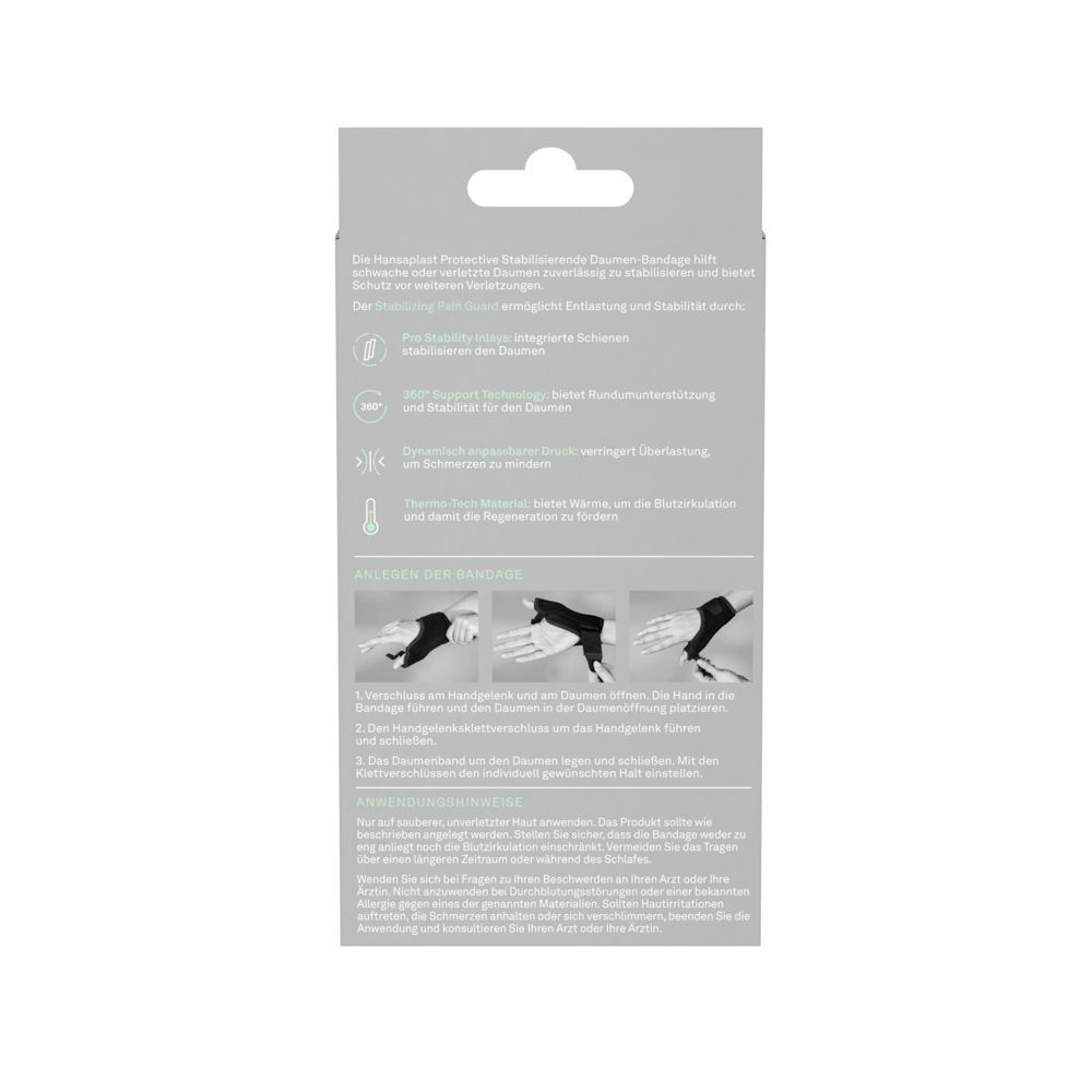 Rückseite der Verpackung. Text: Informationen zur Daumenbandage, Anwendung, Vorteile. Illustrationen zur Anwendung.