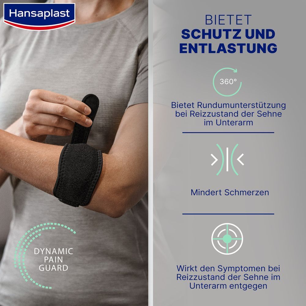 Person trägt schwarze Hansaplast Bandage am Unterarm. Text: Bietet Schutz und Entlastung. Dynamic Pain Guard.