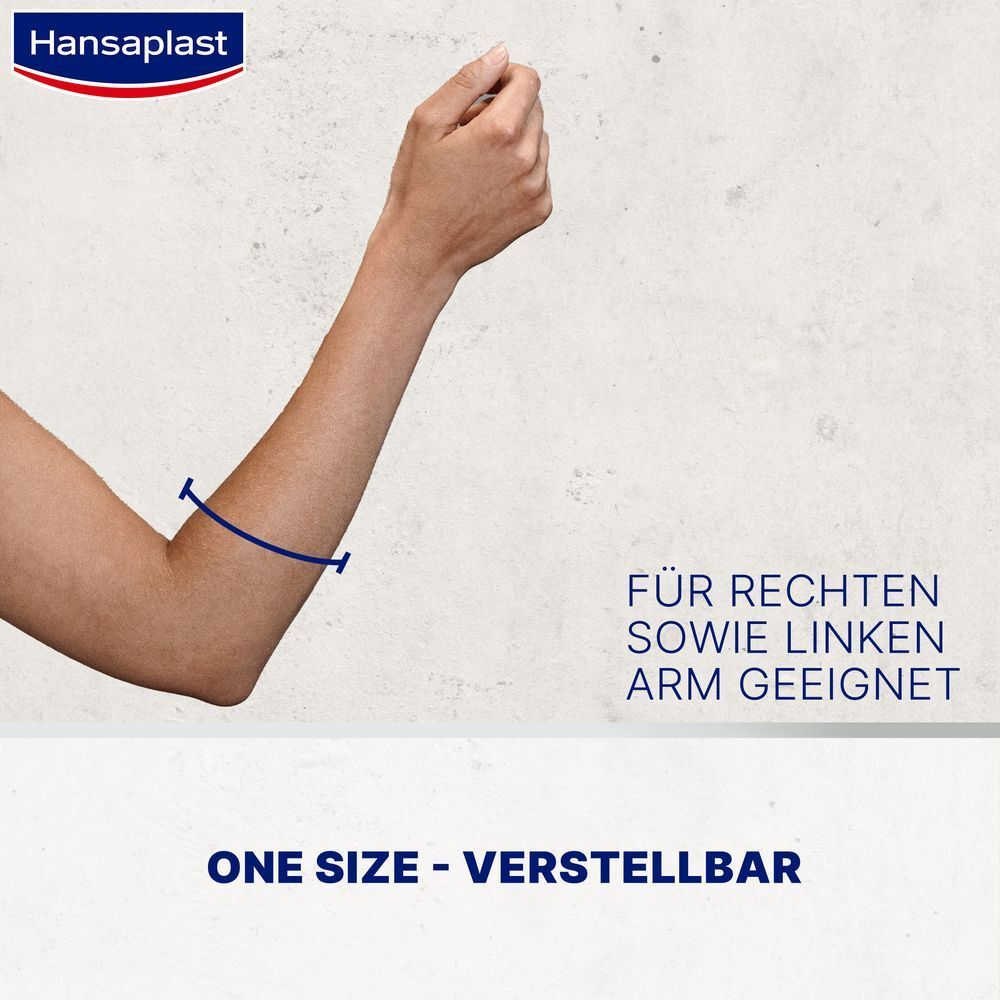 Arm mit blauer Linie, die die Bandage-Position zeigt. Text: Für rechten sowie linken Arm geeignet. One Size.