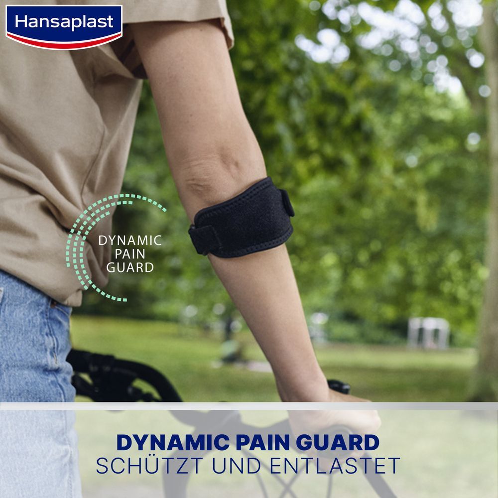 Person mit schwarzer Bandage am Unterarm. Text: Dynamic Pain Guard schützt und entlastet.