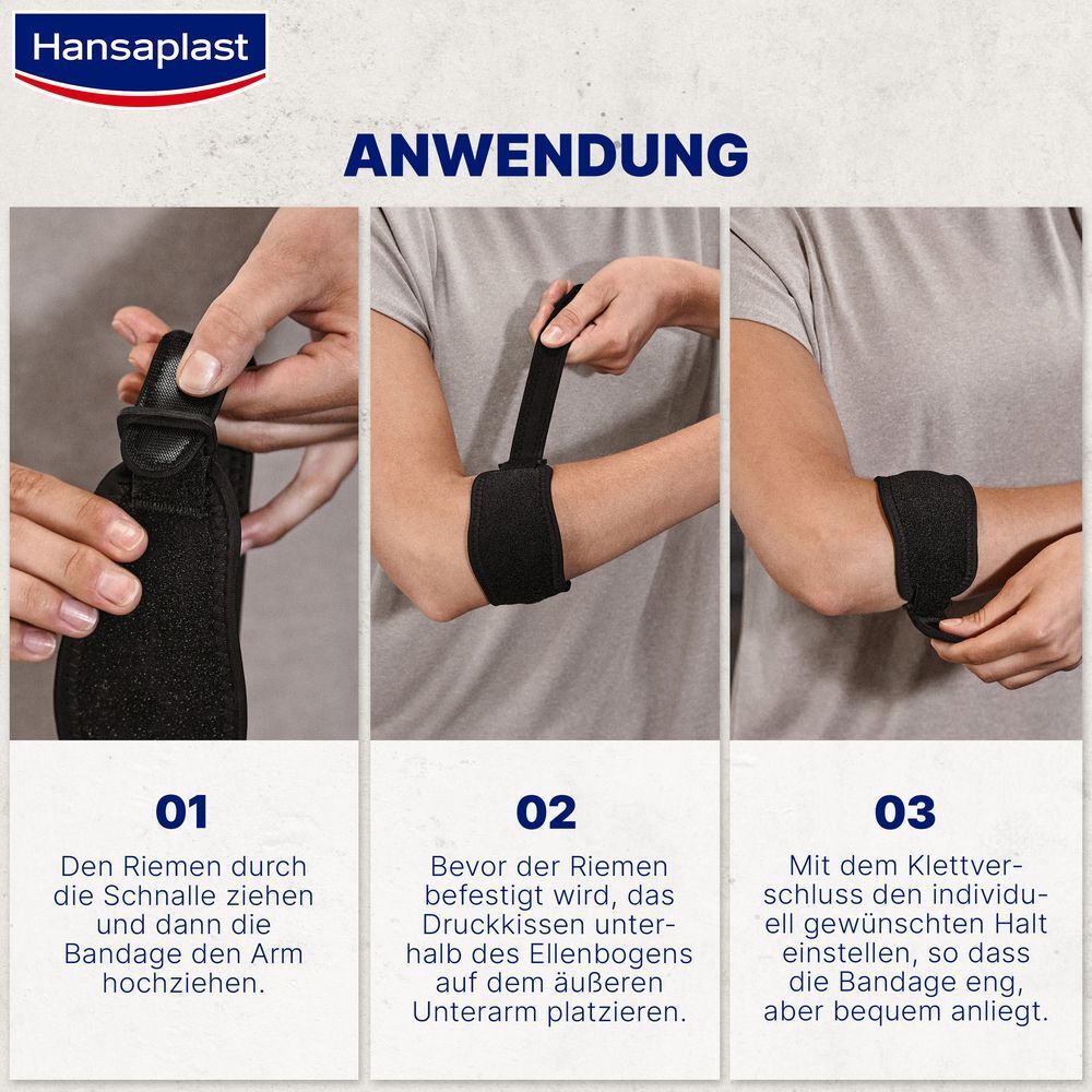Drei Schritte zur Anwendung der Bandage. Schwarze Bandage wird am Arm befestigt.