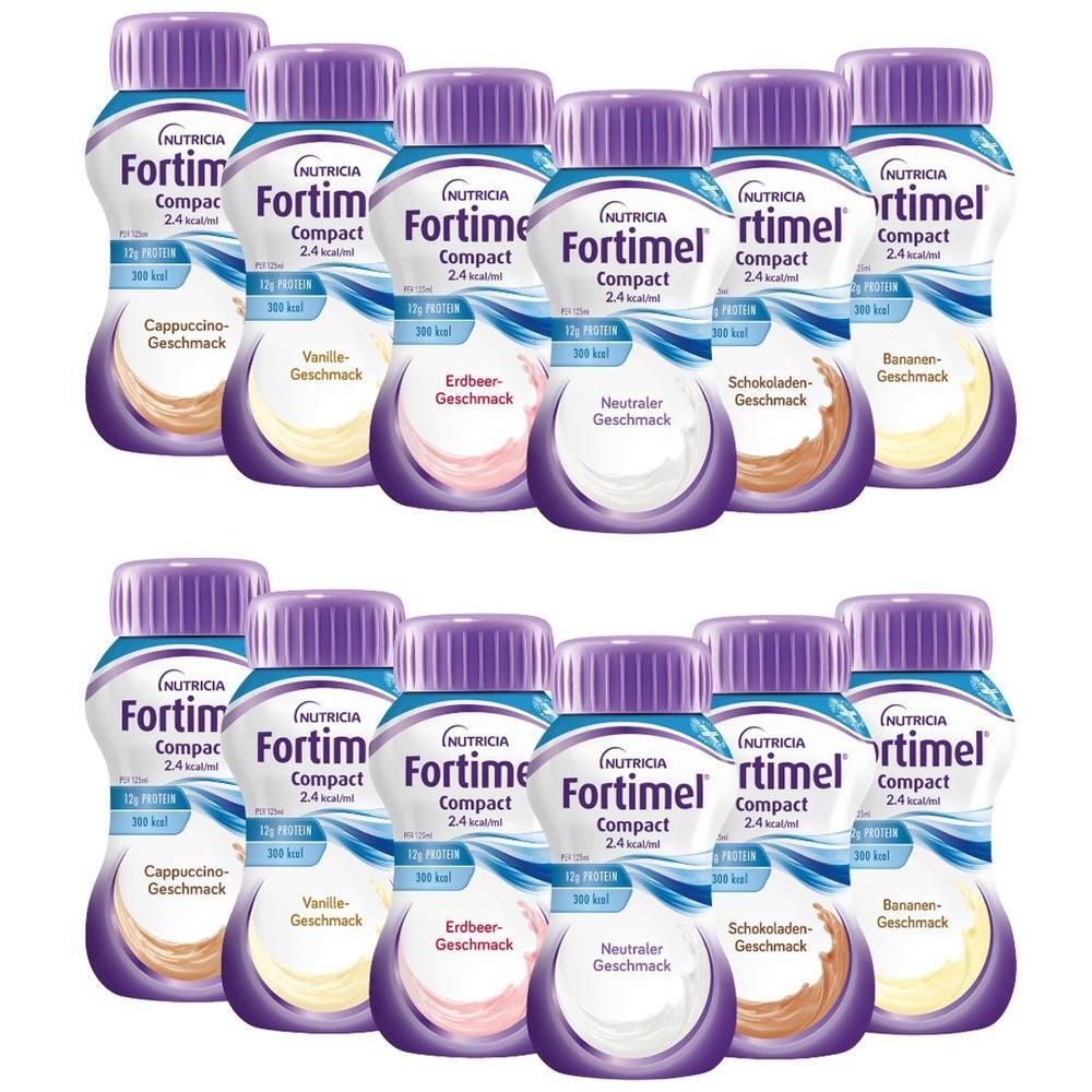 Mehrere Flaschen FORTIMEL Compact 2.4 kcal, verschiedene Geschmacksrichtungen. Lila Deckel, weiße Flaschen mit blauer Beschriftung.