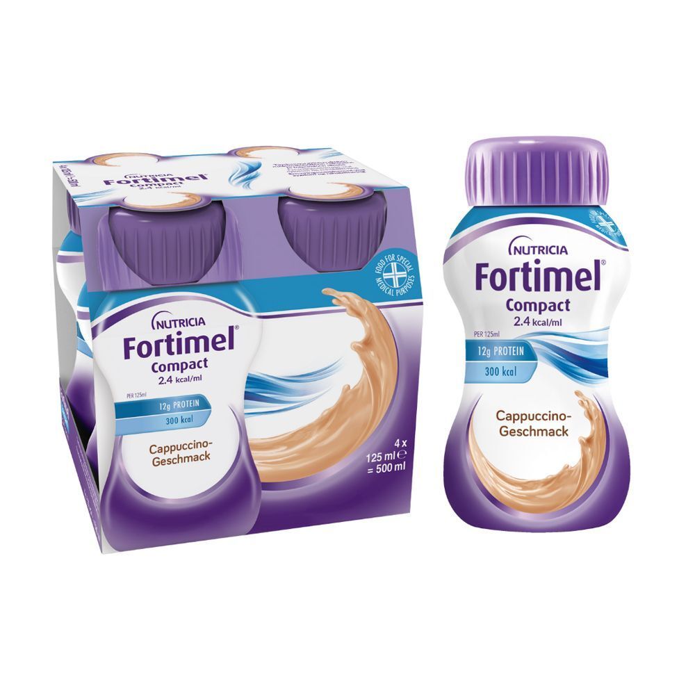 FORTIMEL Compact 2.4 kcal, Cappuccino-Geschmack. Flasche und 4er-Packung. Lila Deckel, weiße Flasche mit blauer Beschriftung.