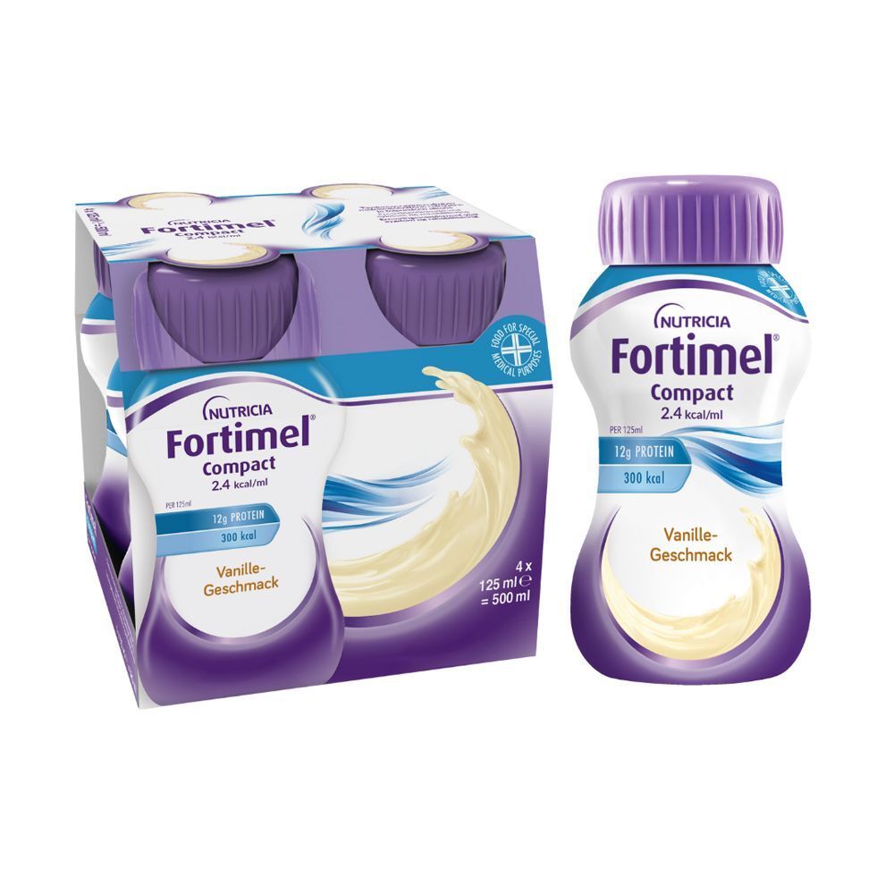 FORTIMEL Compact 2.4 kcal, Vanille-Geschmack. Flasche und 4er-Packung. Lila Deckel, weiße Flasche mit blauer Beschriftung.