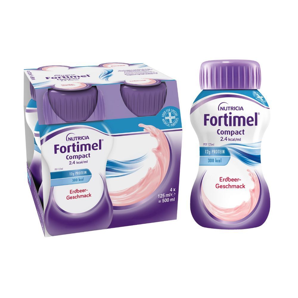 FORTIMEL Compact 2.4 kcal, Erdbeer-Geschmack. Flasche und 4er-Packung. Lila Deckel, weiße Flasche mit blauer Beschriftung.