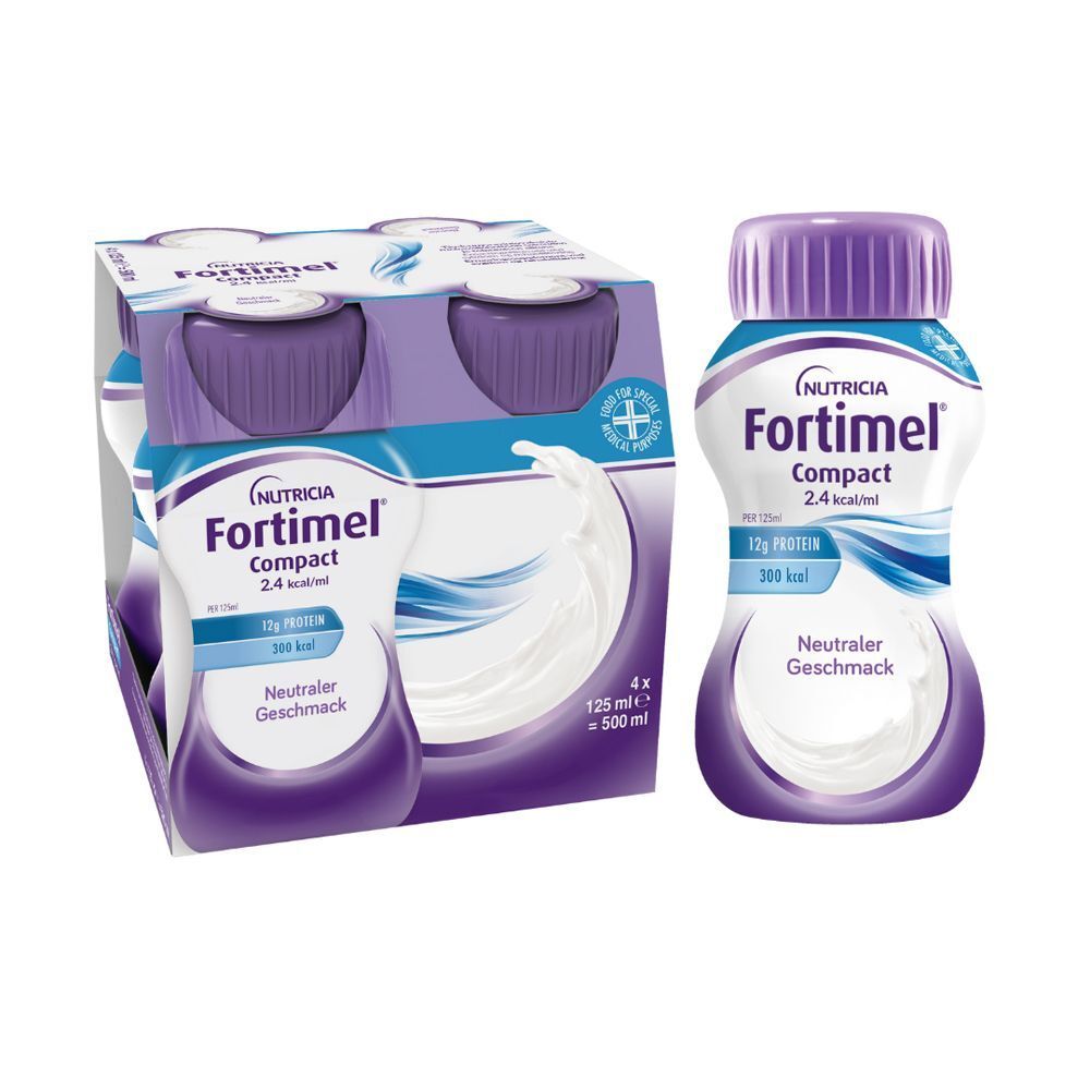 FORTIMEL Compact 2.4 kcal, Neutraler Geschmack. Flasche und 4er-Packung. Lila Deckel, weiße Flasche mit blauer Beschriftung.