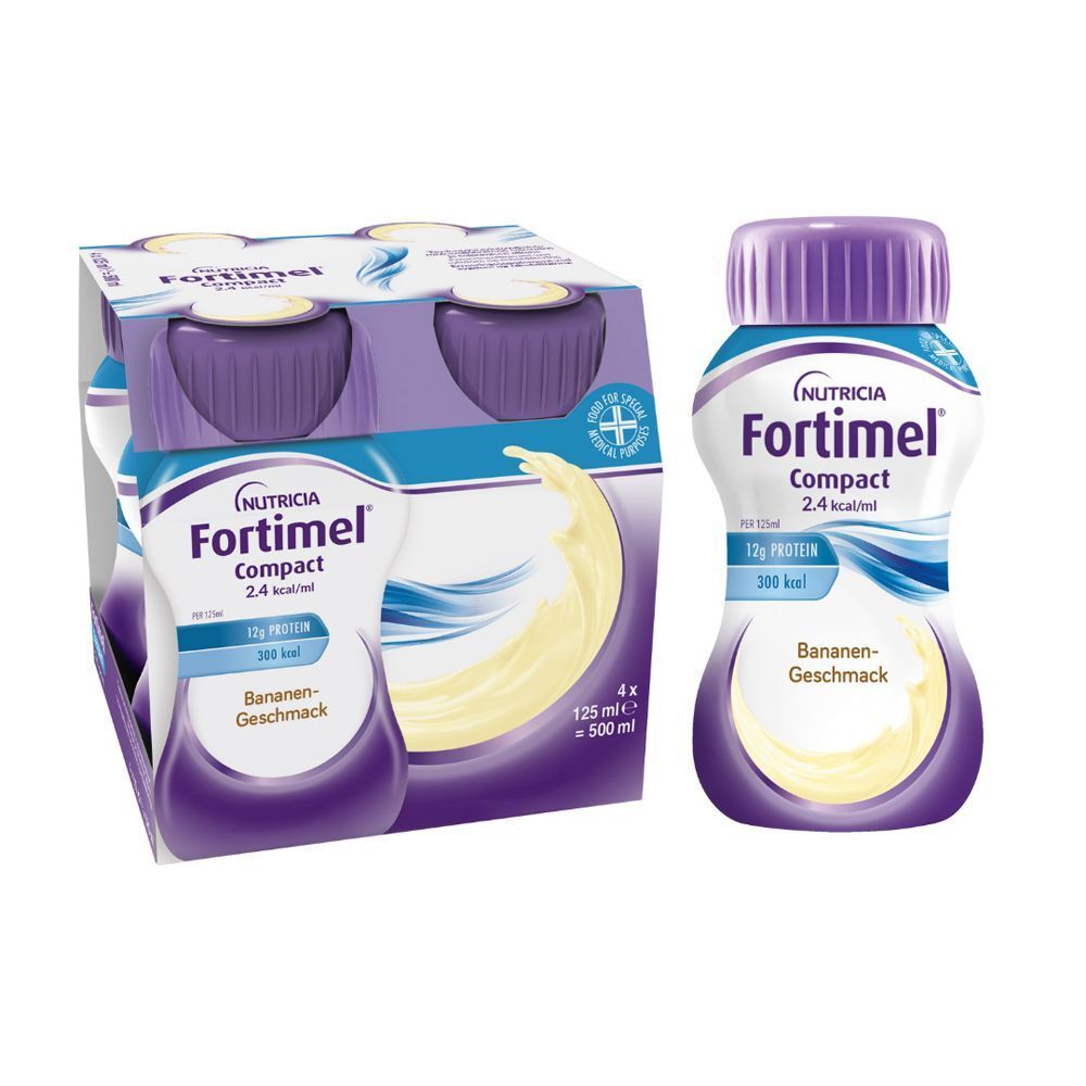 FORTIMEL Compact 2.4 kcal, Bananen-Geschmack. Flasche und 4er-Packung. Lila Deckel, weiße Flasche mit blauer Beschriftung.