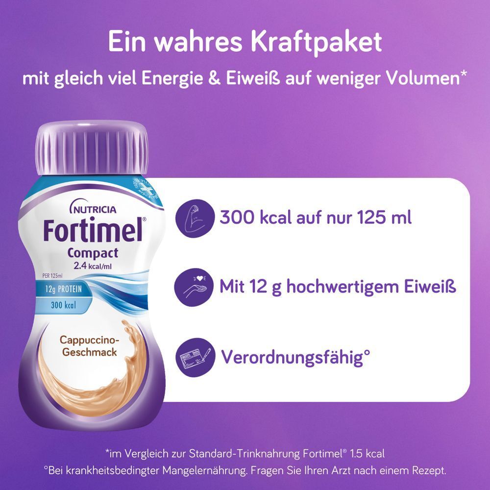 FORTIMEL Compact 2.4 kcal, Cappuccino-Geschmack. Flasche mit Text. Lila Deckel, weiße Flasche mit blauer Beschriftung. 300 kcal.