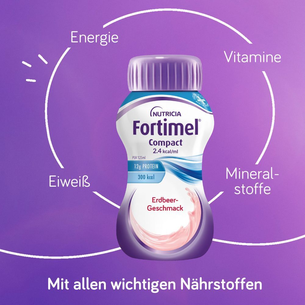 FORTIMEL Compact 2.4 kcal, Erdbeer-Geschmack. Flasche mit Text. Lila Deckel, weiße Flasche mit blauer Beschriftung. Nährstoffe.
