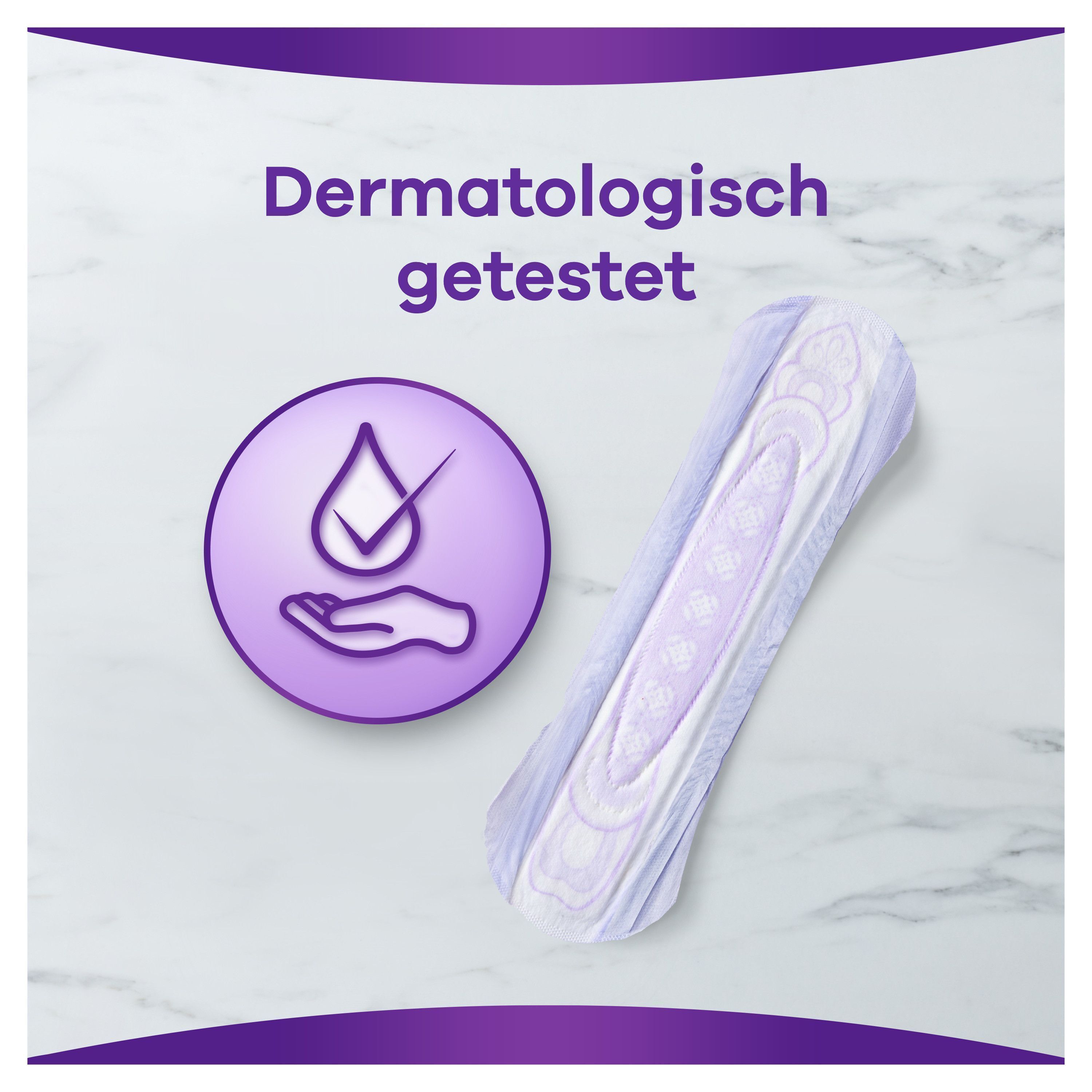 Inkontinenzeinlage mit lila Logo und Text: Dermatologisch getestet.