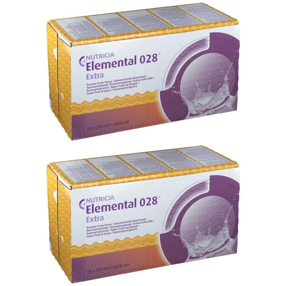 Zwei Kartons ELEMENTAL 028 Extra. Aufdruck: Nutricia, Elemental 028 Extra, Sommerfrüchte flüssig. Lila und gelbe Verpackung.