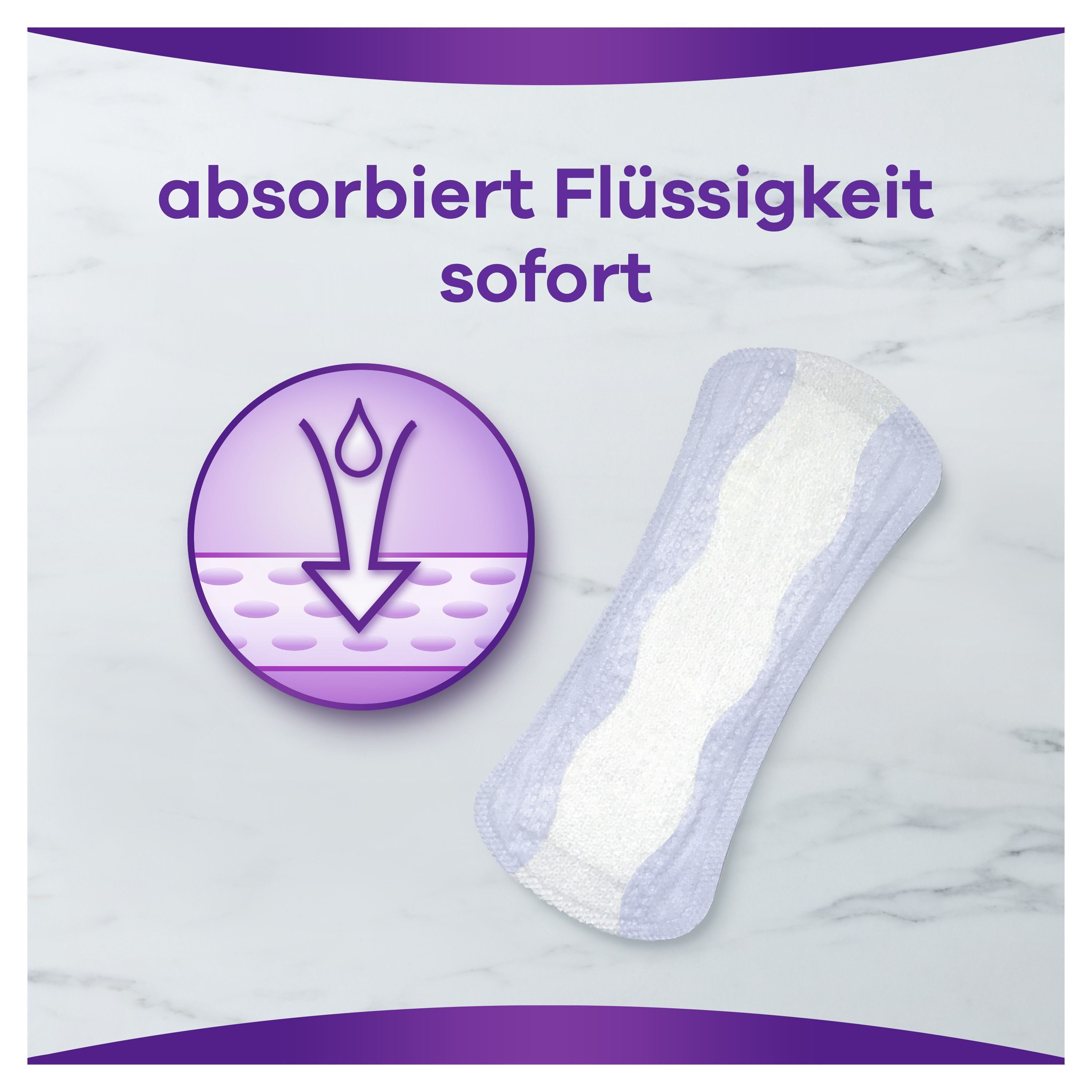 Slipeinlage und Symbol. Text: absorbiert Flüssigkeit sofort. Hintergrund: Marmor.