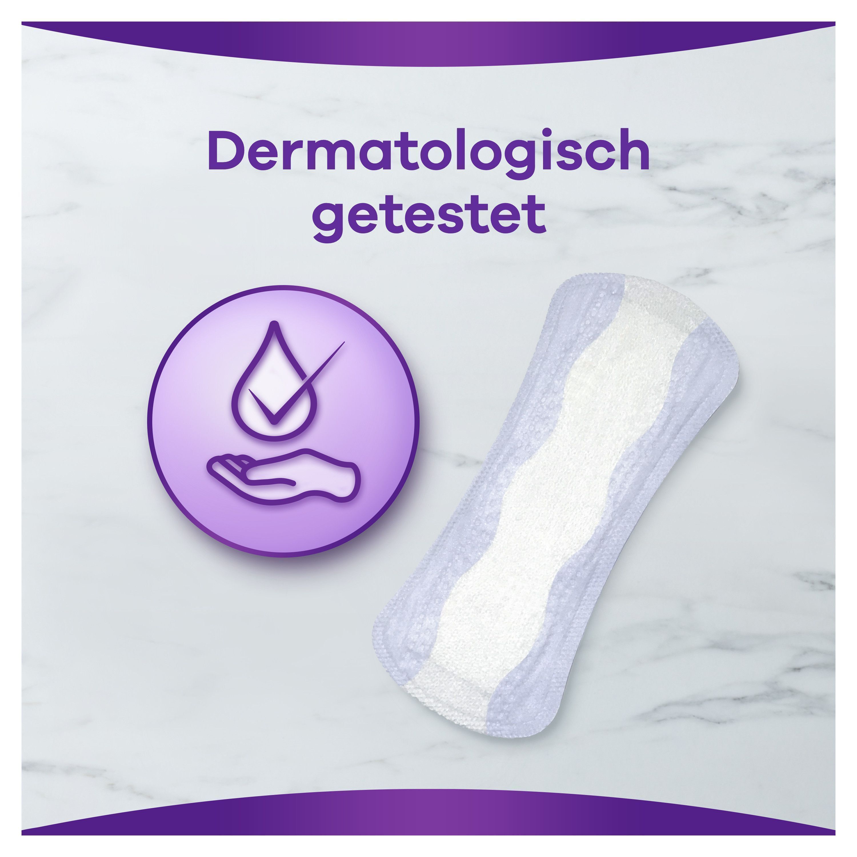 Slipeinlage und Symbol. Text: Dermatologisch getestet. Hintergrund: Marmor.