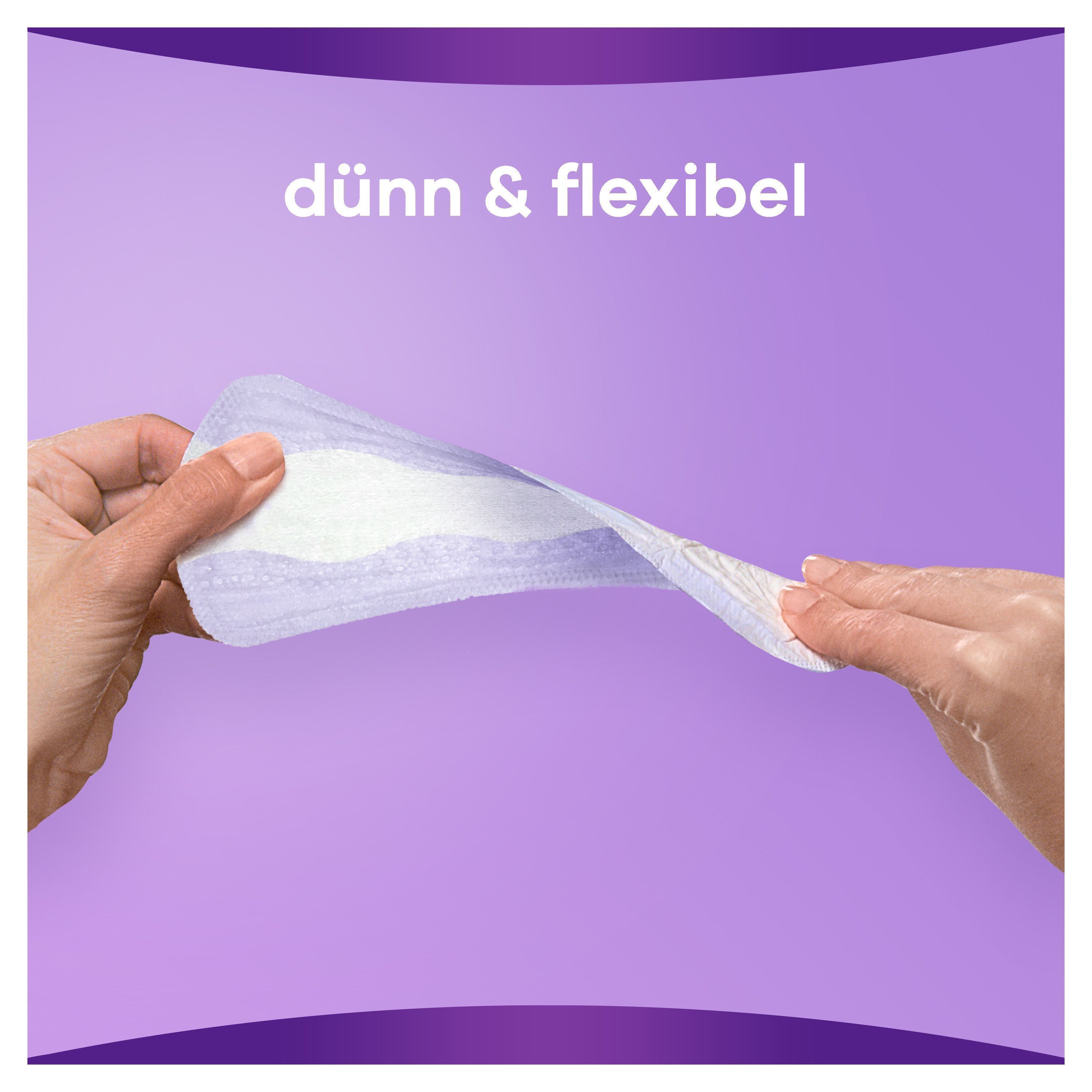 Hände biegen eine Slipeinlage. Text: dünn & flexibel. Hintergrund: lila.