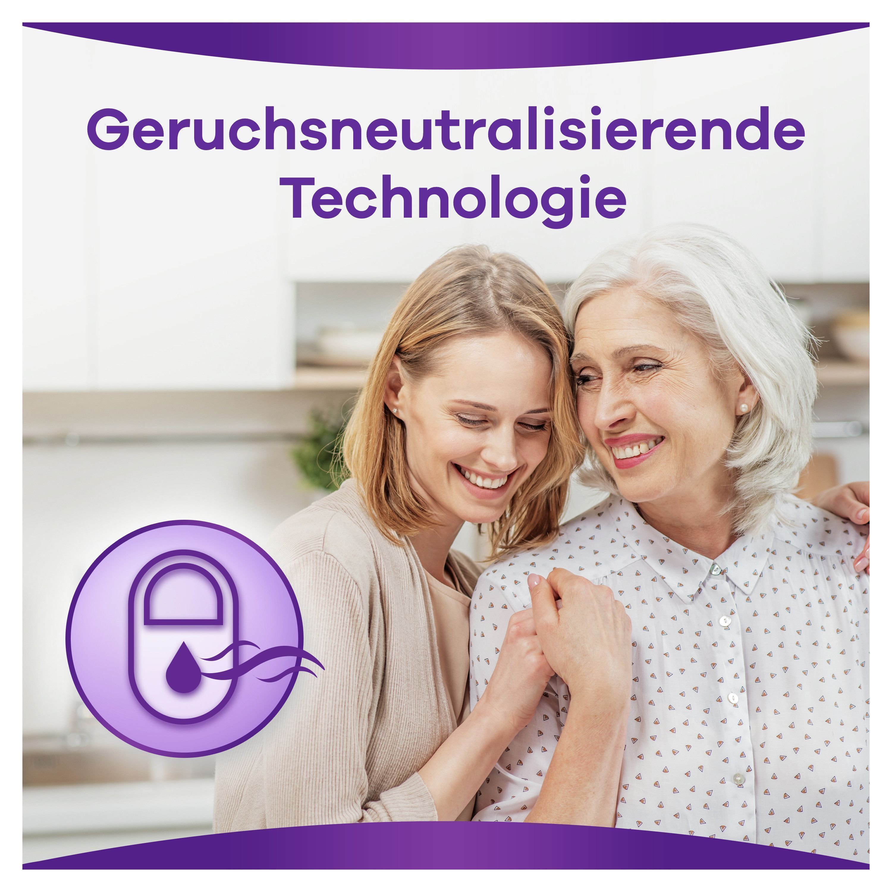 Zwei Frauen lächeln. Symbol. Text: Geruchsneutralisierende Technologie.