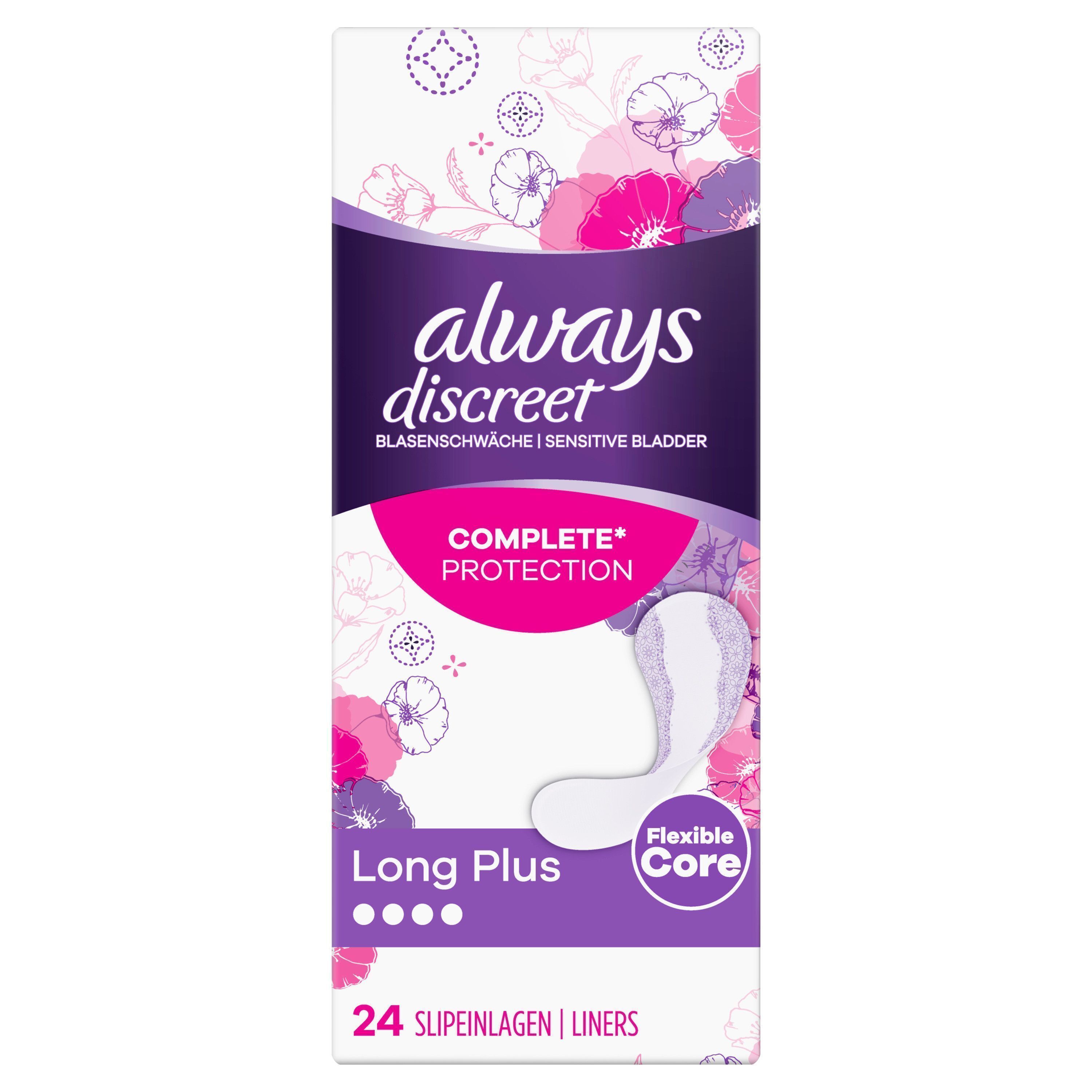 Verpackung Always Discreet Slipeinlagen Plus. Text: Complete Protection, Long Plus, 24 Slipeinlagen.