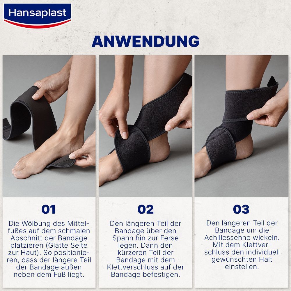 Drei Schritte zur Anwendung der Hansaplast Fußgelenk-Bandage. Illustrationen zeigen das Anlegen am Fuß.