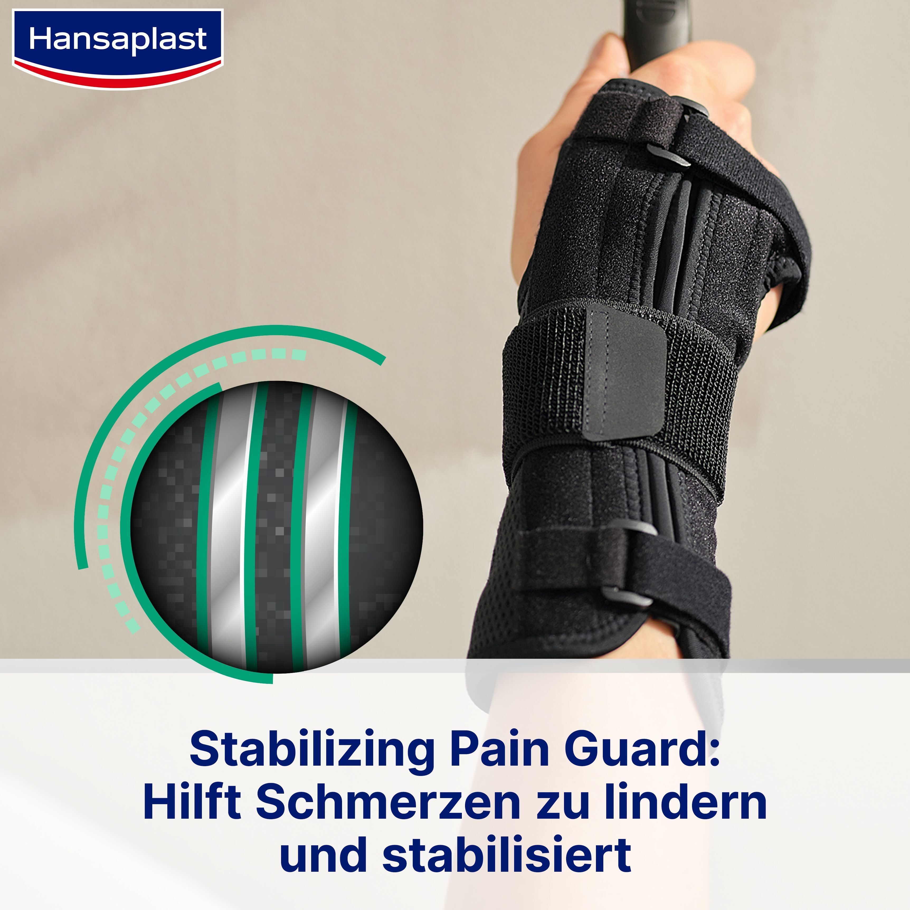 Handgelenk-Bandage am Handgelenk. Text: Stabilizing Pain Guard: Hilft Schmerzen zu lindern und stabilisiert.