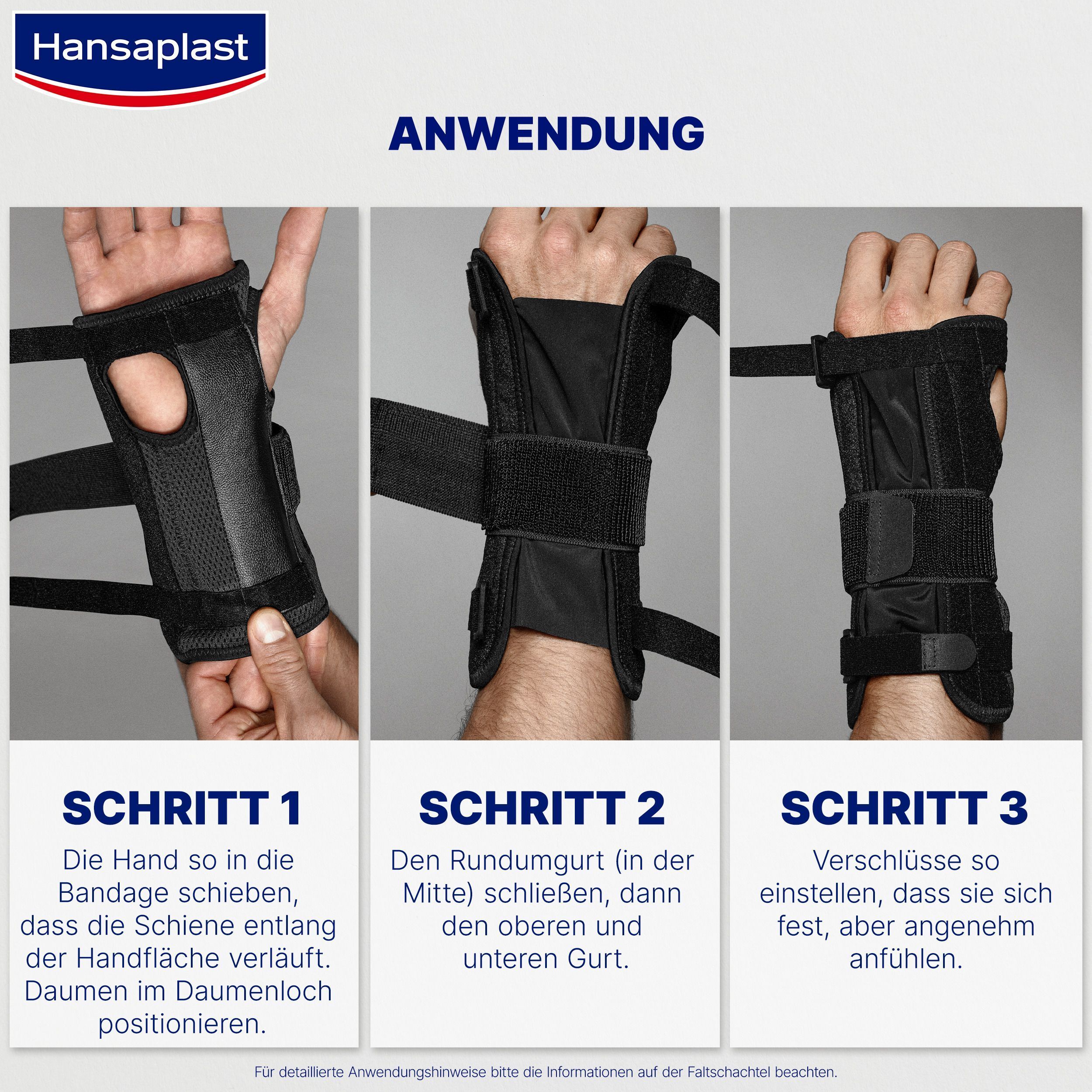 Anwendung der Handgelenk-Bandage in drei Schritten. Text: Schritt 1, Schritt 2, Schritt 3.