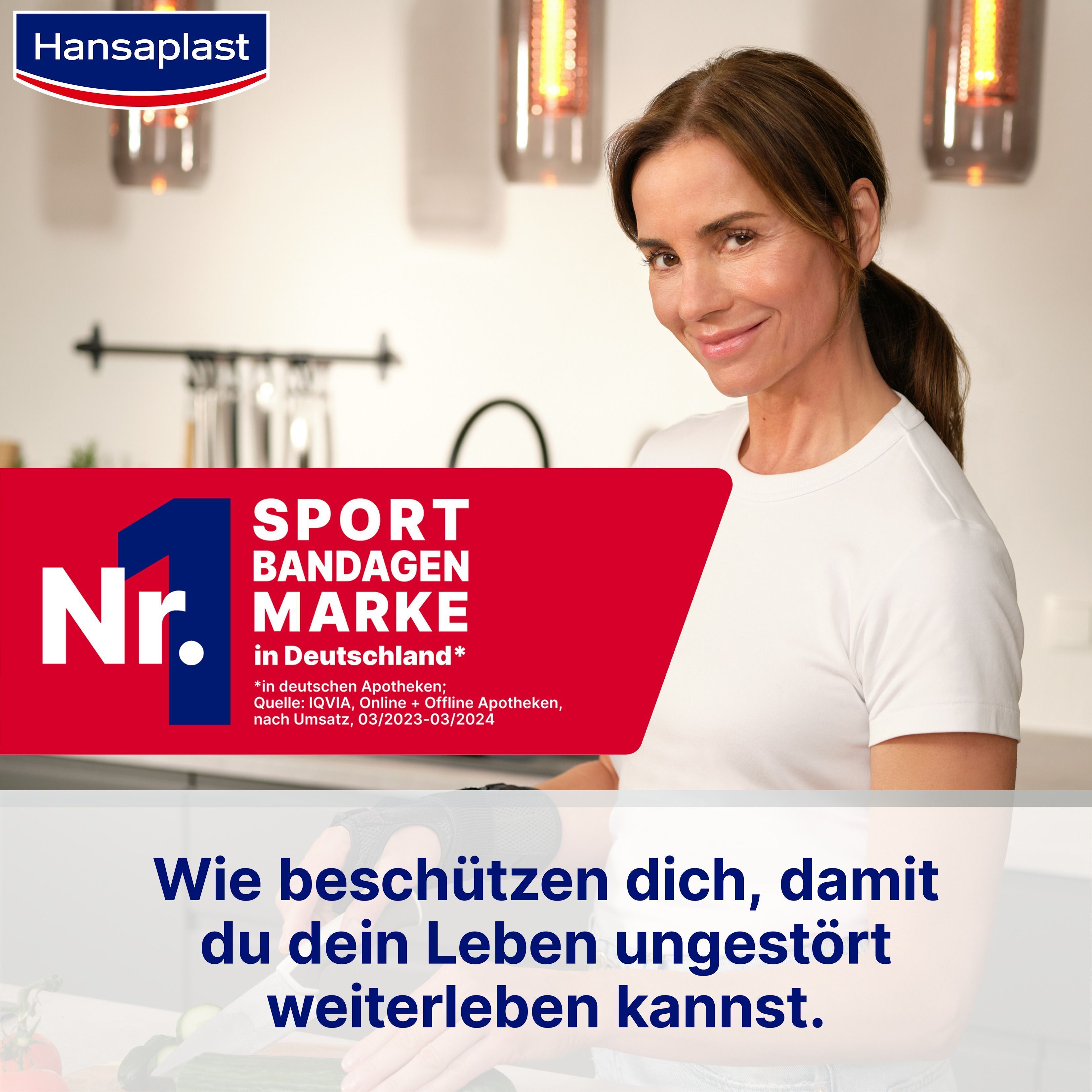 Frau mit Bandage. Text: Nr. 1 Sport Bandagen Marke in Deutschland. Wie beschützen dich, damit du dein Leben ungestört weiterleben kannst.