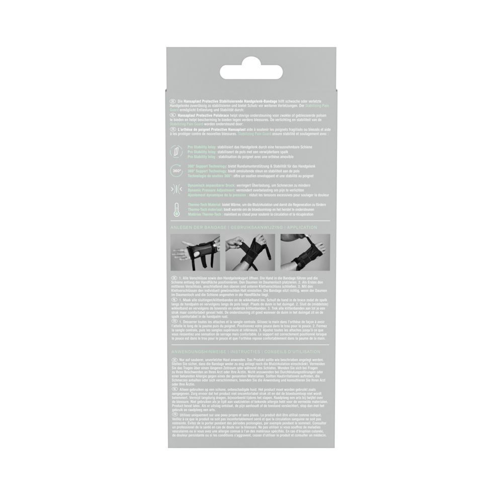 Rückseite der Verpackung. Text und Piktogramme zur Anwendung und Eigenschaften der Handgelenk-Bandage.