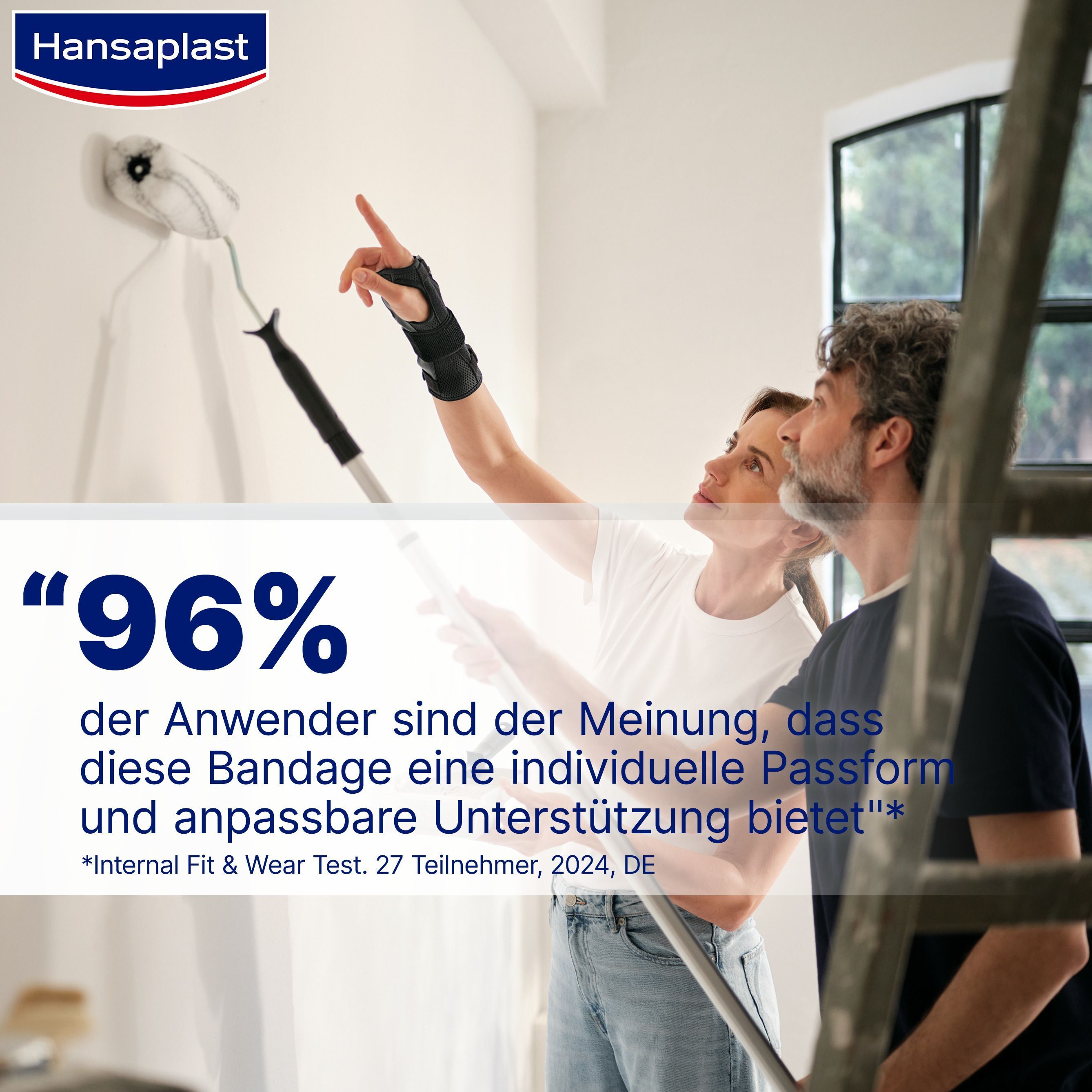 Personen beim Malen. Text: 96% der Anwender sind der Meinung, dass diese Bandage eine individuelle Passform und anpassbare Unterstützung bietet.