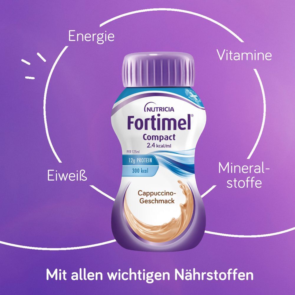 FORTIMEL Compact 2.4 kcal Cappuccinogeschmack Flasche. Beschriftung: Energie, Eiweiß, Vitamine, Mineralstoffe.