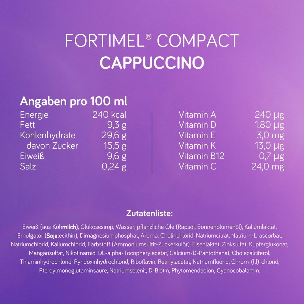Nährwerttabelle für FORTIMEL Compact Cappuccino. Angaben pro 100 ml: Kalorien, Fett, Kohlenhydrate, Eiweiß, Salz.