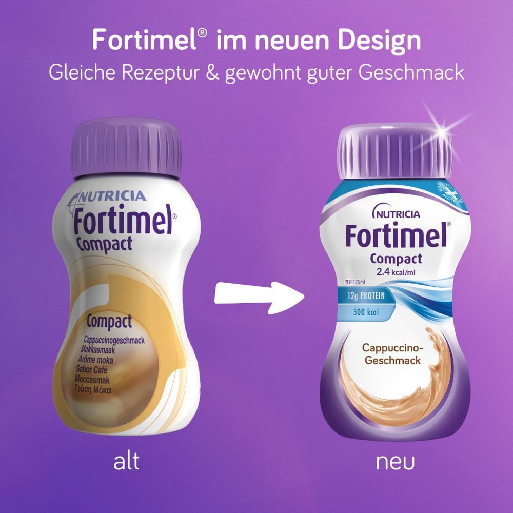 Vergleich: Alte und neue FORTIMEL Compact Flasche. Gleiche Rezeptur, neuer Look.